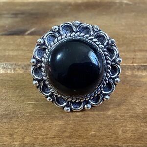 Vintage Style 925 Silver Silver Genuine Onyx Gemstone Ring Size 6.5 Plated
